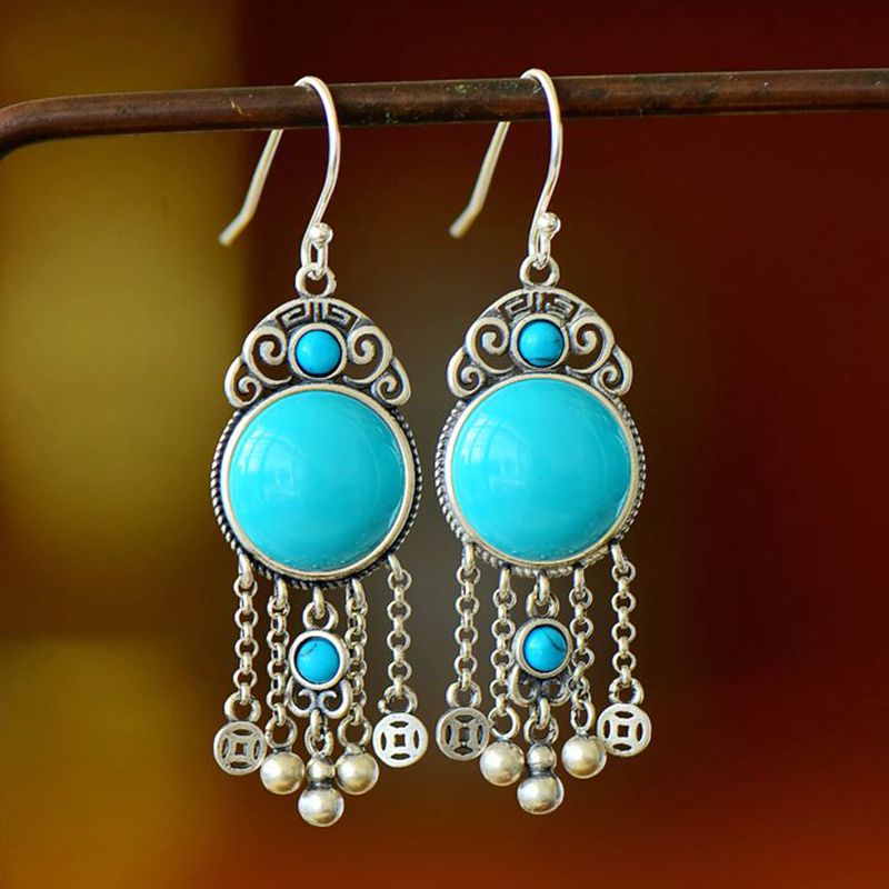 S925纯银耳坠耳饰空托复古女款圆形12*12流苏DIY蜜蜡松石玉石镶嵌