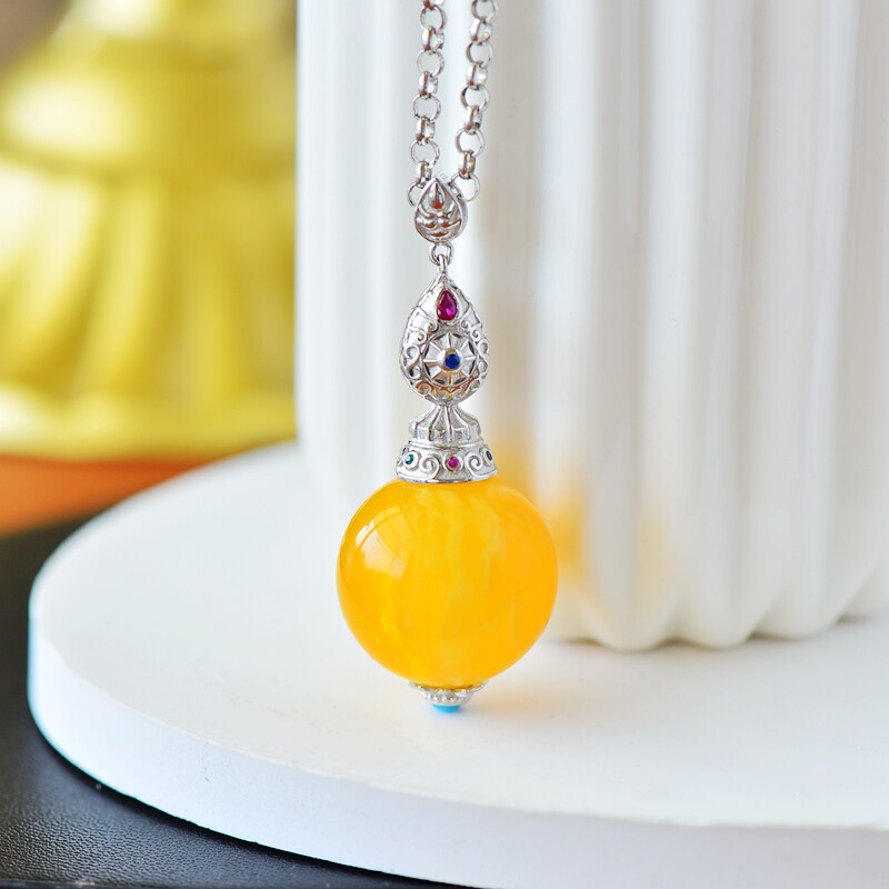 S925纯银吊坠空托时尚男女款圆珠DIY蜜蜡松石琥珀玉石翡翠镶嵌托