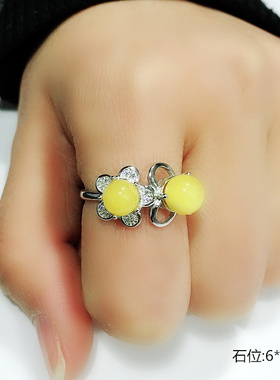 S925纯银戒指空托时尚女款圆珠蛋面爪镶DIY蜜蜡琥珀松石开口托6*6