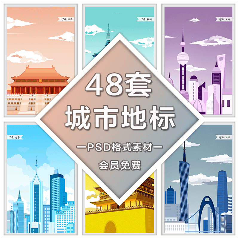 卡通中国城市地标建筑扁平插画psd模板旅游景点风景宣传海报展板