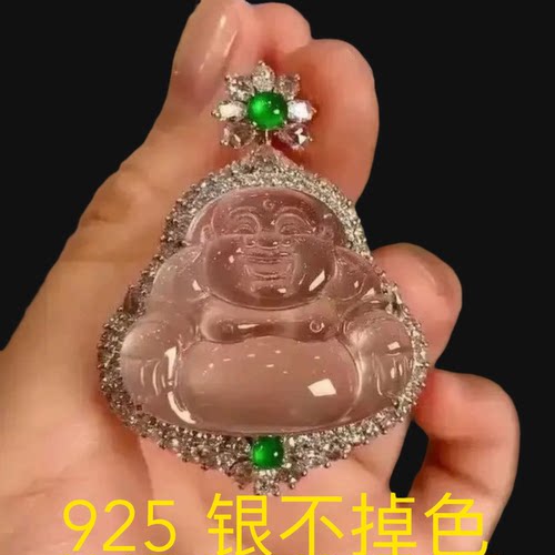高档冰种佛公玉髓大肚吊坠S925纯银镶嵌项链送女生生日礼物礼品