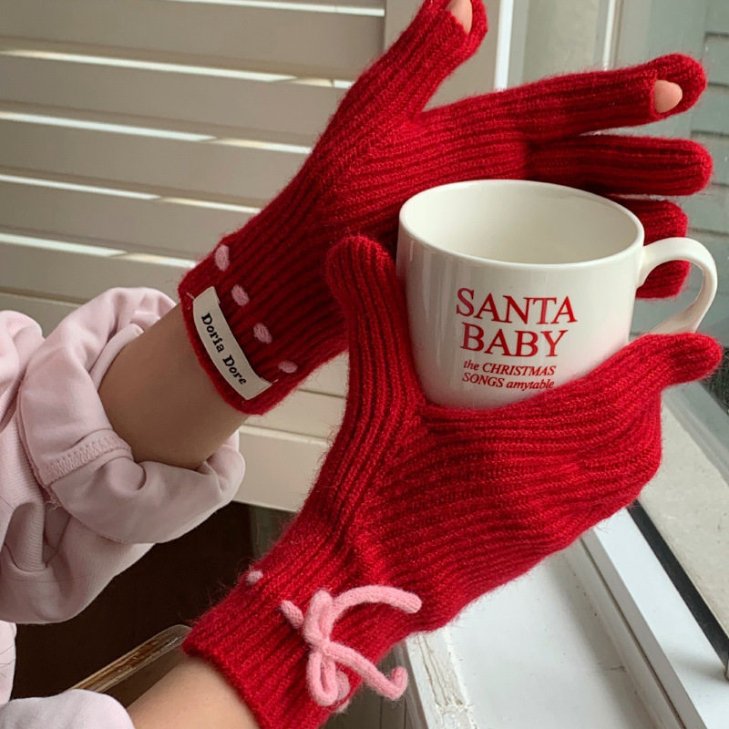 韩国东大门可爱蝴蝶结手套女冬季骑车写字可触碰保暖学生毛线手套