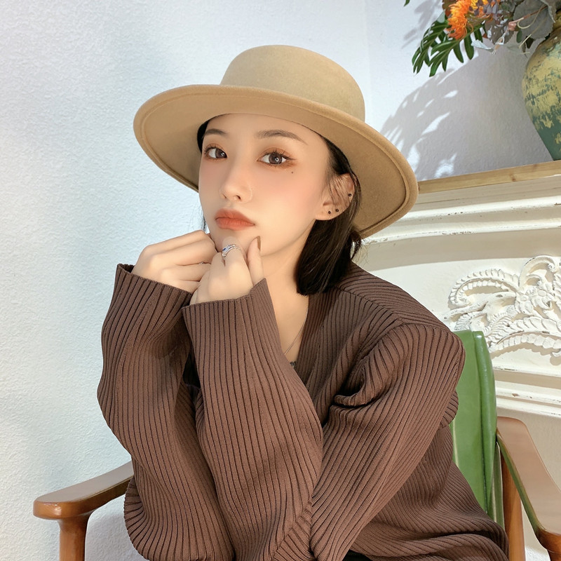 欧美复古新款皮带装饰平顶礼帽女出游街头潮流百搭短檐羊毛呢帽子