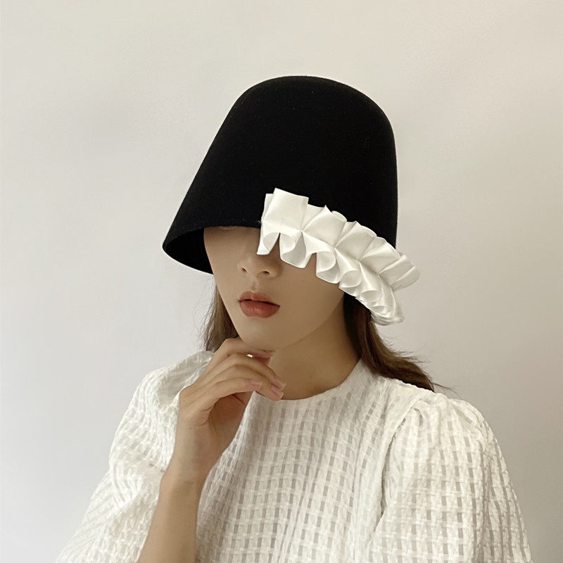 哥特风暗黑冷淡风褶皱花边乞丐帽子女个性时髦羊毛呢水桶帽钟型帽