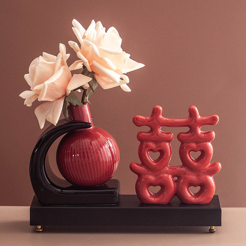 丼美红色喜庆双喜花瓶摆件