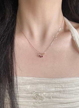 鹿妮新款纯银石榴石锁骨项链