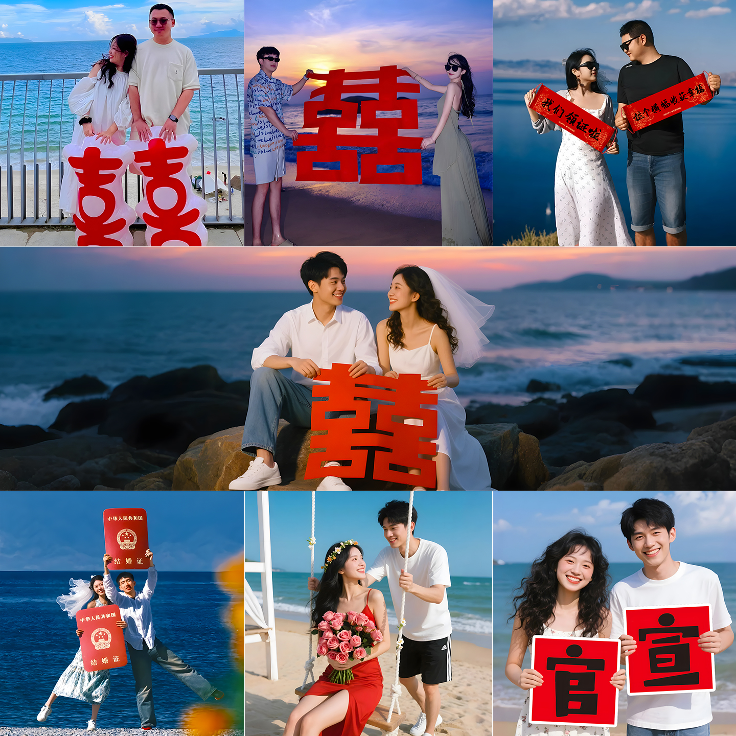 海边带着喜字去旅行旅游拍照姿势超大喜字贴囍道具领证订婚结婚