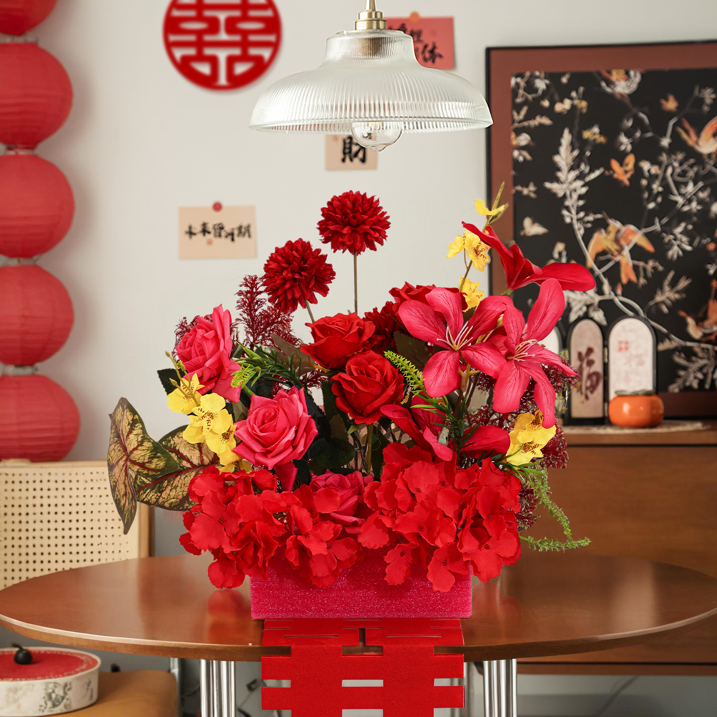 婚房布置结婚粉色彷真花艺客厅卧室床头喜字摆件婚礼用品装饰套装