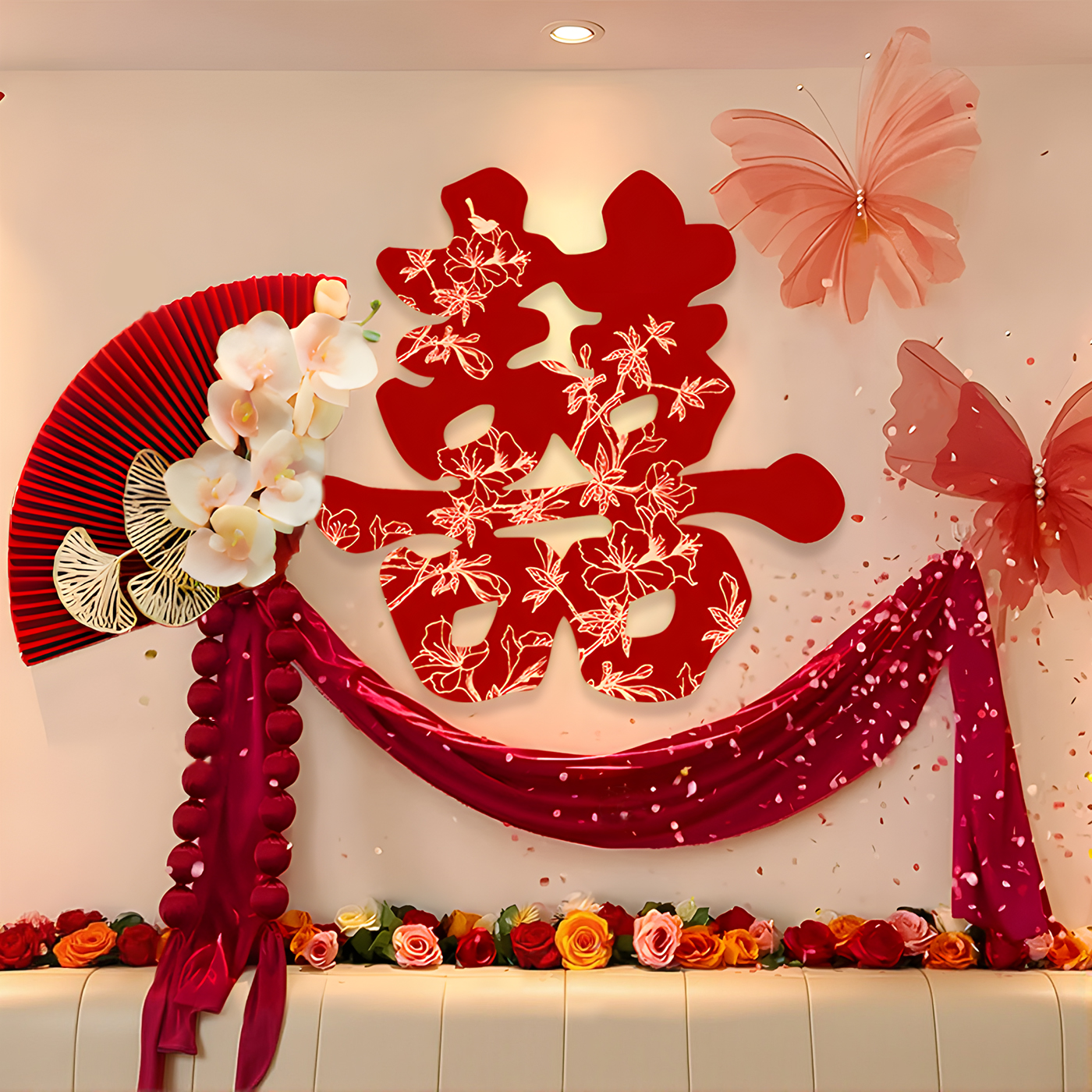 结婚客厅沙发喜字KT板背景墙装饰婚礼女方婚房氛围感拉花布置套装