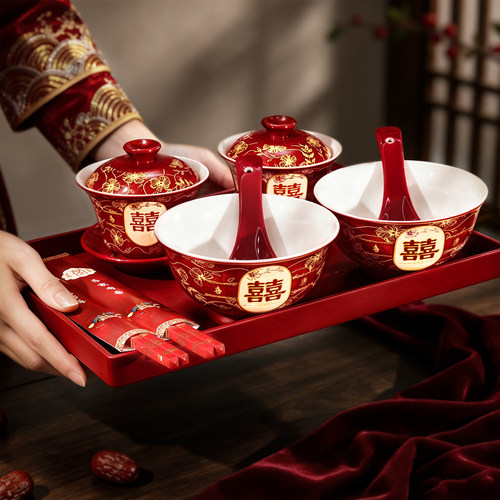 结婚改口敬茶杯套装一对喜碗新人茶具红色碗筷敬酒杯子婚礼专用
