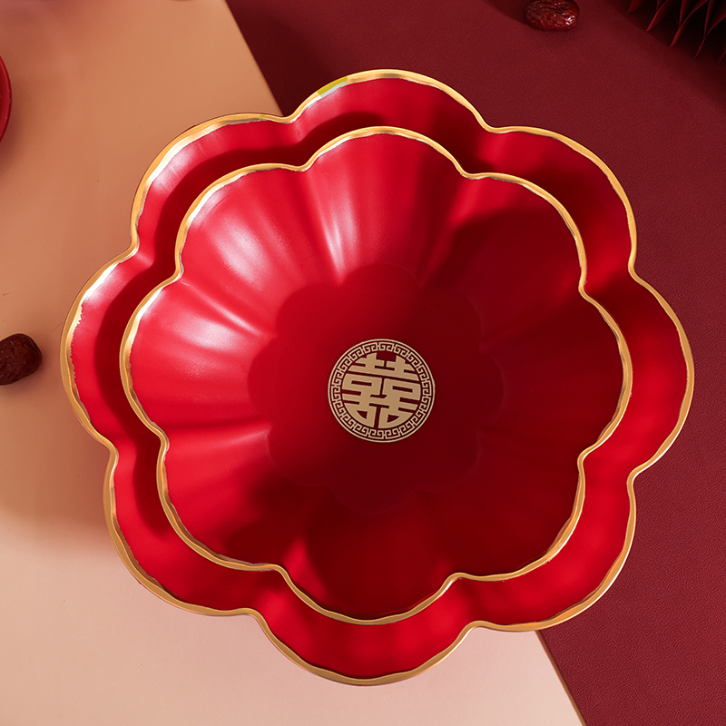 果盘结婚客厅专用喜盘喜糖盘婚庆用品大全红色盘子婚礼茶几水果盘