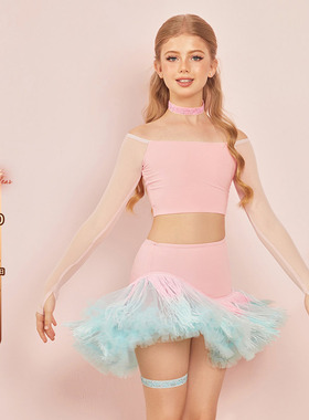 小小ZYM【魔法泡泡】半裙网纱流苏拉丁舞练功服女童带底裤25075