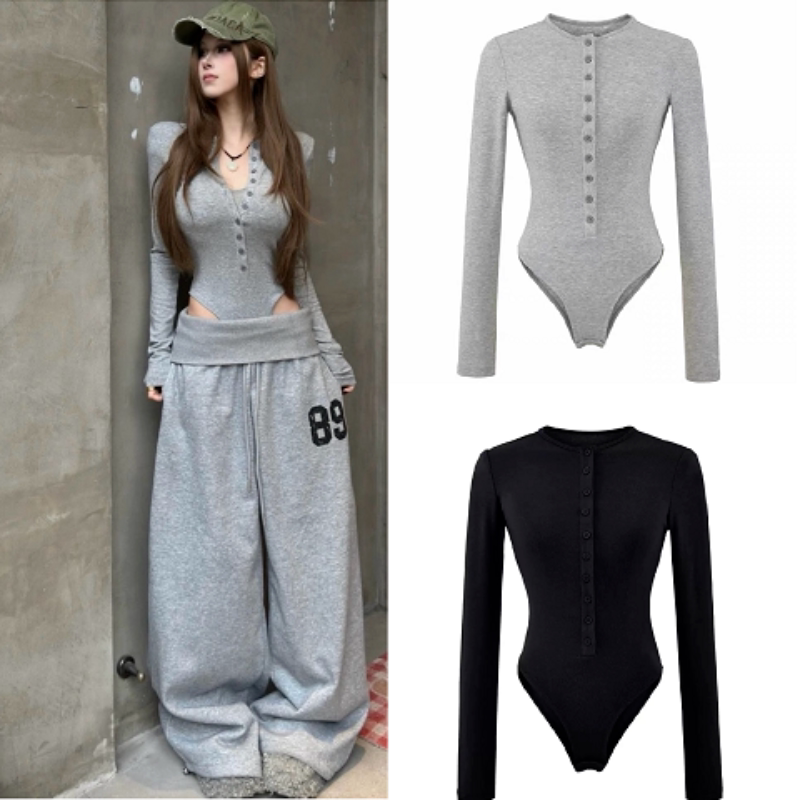 韩系慵懒纯欲性感排扣修身长袖连体T恤春秋季辣妹穿搭高级感上衣