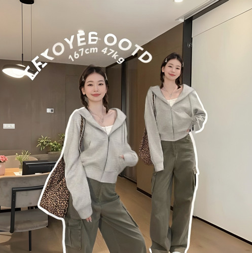 灰色短款连帽卫衣拉链初秋外套女春秋修身小个子韩系开衫上衣早春