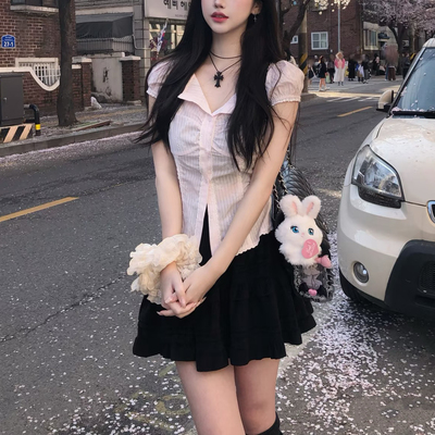 韩系纯欲穿搭蕾丝花边格纹短袖衬衫甜美少女感百搭花苞裙夏季套装