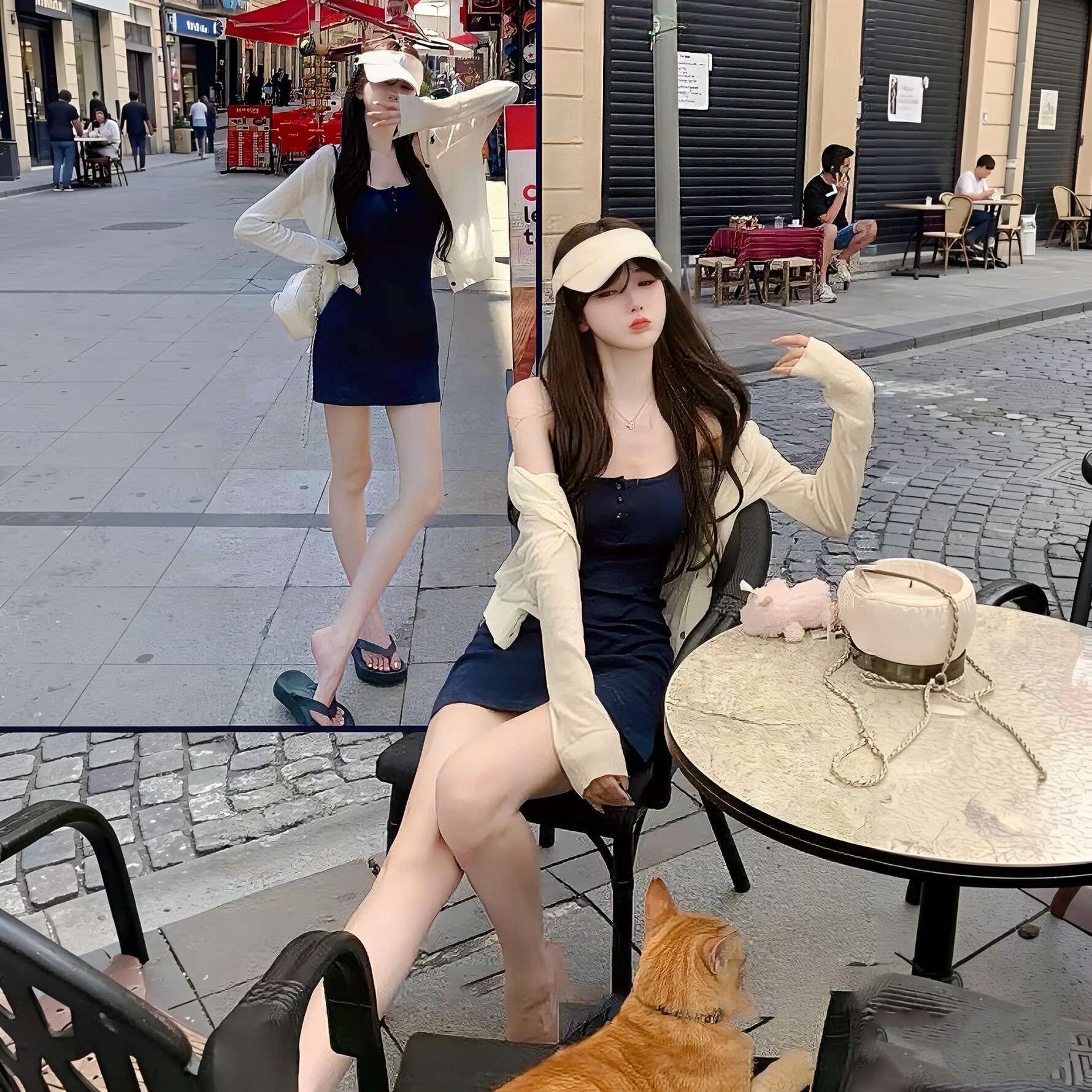 藏蓝色吊带包臀连衣裙女夏巨好看漂亮两件套装初夏绝美掐腰短裙子