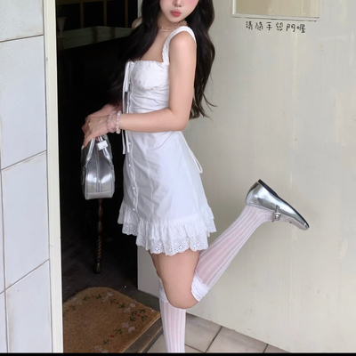 重工法式浪漫度假吊带连衣裙女气质设计感收腰包臀荷叶边短裙夏季
