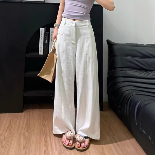 白色亚麻苎麻阔腿裤女夏季薄款高腰垂感老钱风直筒棉麻西装休闲裤