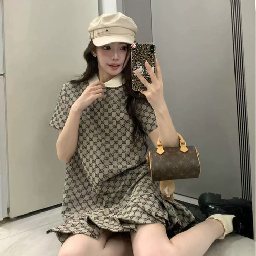 G家提花娃娃领复古格纹短袖连衣裙女夏季新款A字裙显瘦时尚气质裙