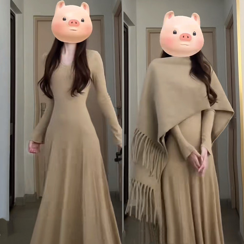卡其色长款针织连衣裙女款秋冬季加绒加厚内搭长袖裙子通勤风穿搭