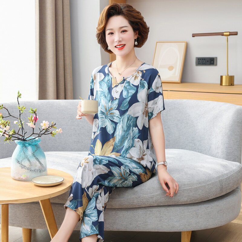夏季新款妈妈棉绸睡衣女夏款短袖绵绸中老年人家居服人棉两件式套