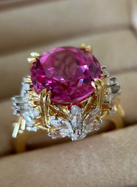 辉之翼珠宝 S925银豪华重工款11*11帕帕拉恰刚玉莲花切戒指富婆款