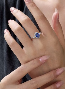2克拉蛋形爆款培育蓝宝石轻奢简约戒指S925银女热销跨境一件代发