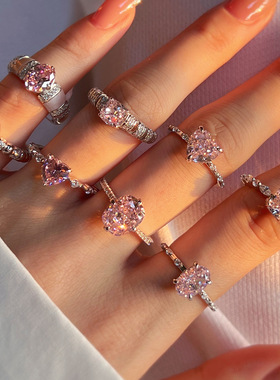 跨境直播S925纯银戒指女少女风轻奢高级感8A冰花切粉钻锆石银戒指