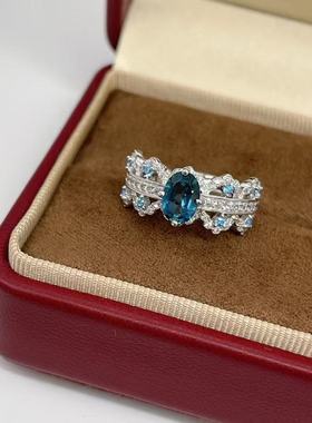 设计高级感S925银镀白金镶嵌托帕石伦敦蓝活口戒指 主石尺寸5*7mm