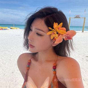 黄色花朵发夹女侧边仿真花假花头饰蕙兰花发卡子发饰头花海边配饰