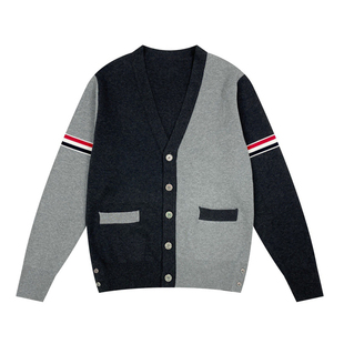 标开衫 黑白灰拼接色针织衫 羊毛材质 自留款 V领 2025新款 拼色袖