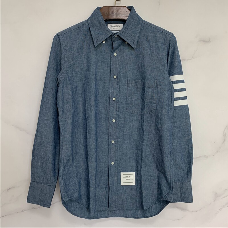 2024春夏新款 水洗棉材质 海洋蓝牛仔色 tb四条白杠衬衫 店主自留