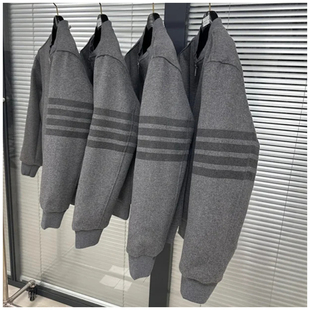 四条纹搭配灰色色杠 经典 色织四条白杠 羊毛呢棒球夹克