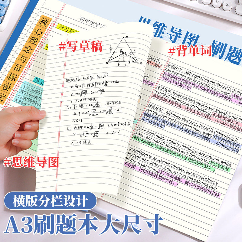 A3思维导图草稿纸大尺寸拍纸本可撕横线方格空白规划本考研用背单词复习背诵学生考公笔记本试卷刷题草稿本子图片