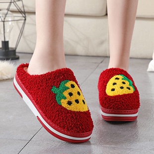 可爱草莓韩版 家用拖鞋 女厚底高跟冬季 棉拖鞋 保暖网红卧室外穿防滑