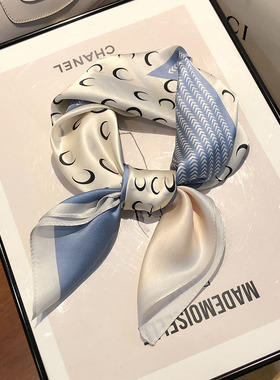 蓝色真丝丝巾小方巾女65x65cm秋冬韩国小领巾百搭发带绑头发丝巾