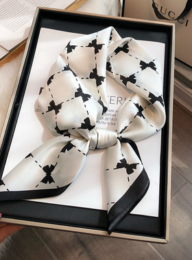 黑白色真丝丝巾女65cm中方巾秋冬洋气时尚100%桑蚕丝小领巾搭衬衫