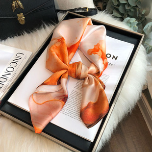 饰小领巾 百搭桔色真丝丝巾女100%桑蚕丝中方巾春秋高档送礼韩国装