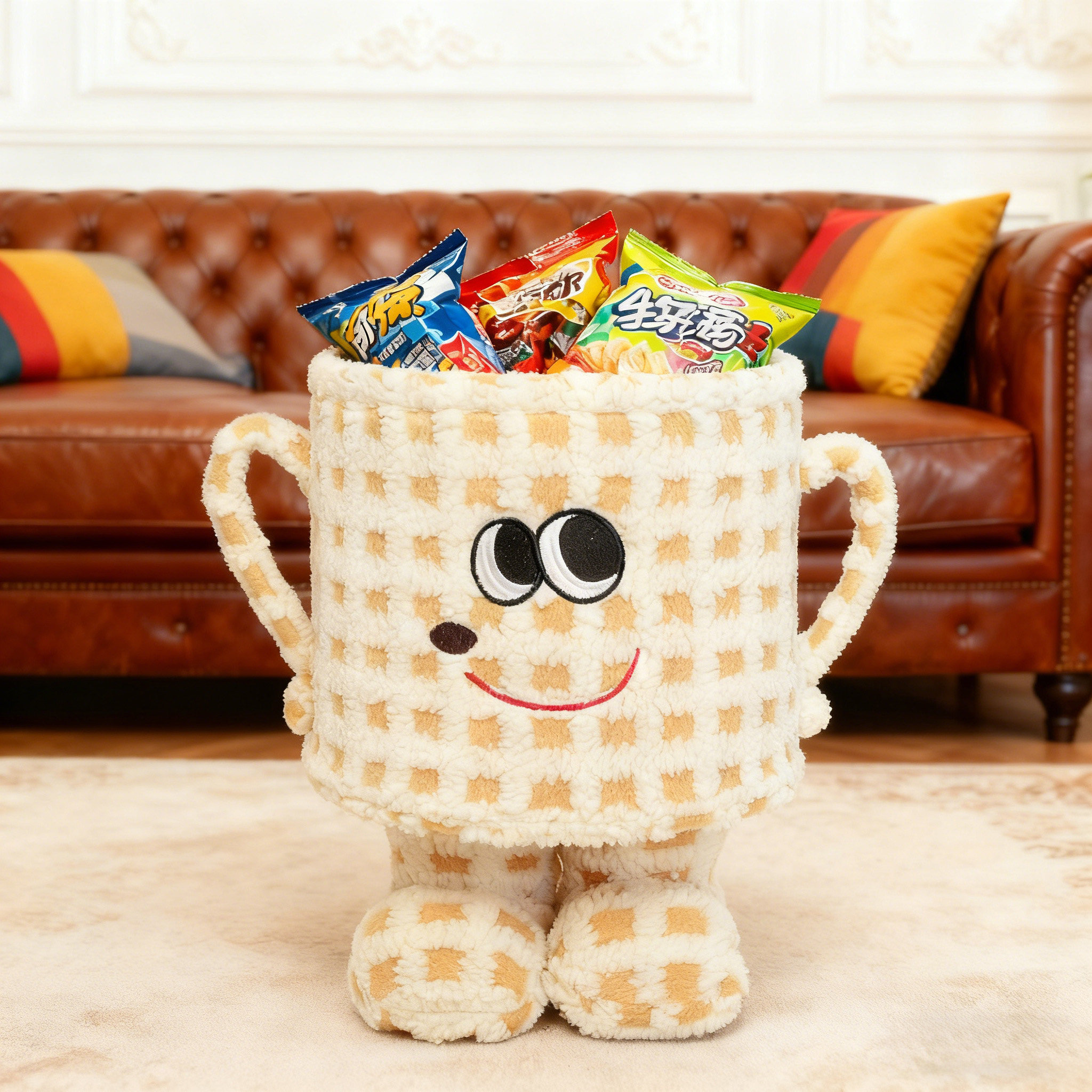 儿童卡通小怪兽收纳篮多巴胺玩具置物篮可爱羊羔绒棉线零食收纳筐