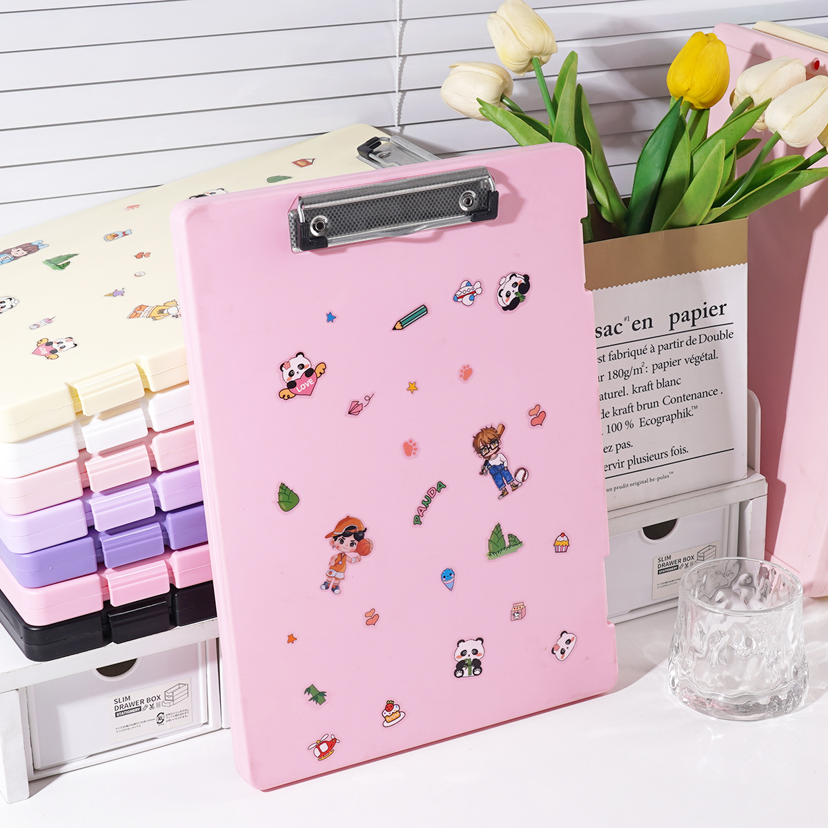 莫兰迪文件盒A4大容量透明高颜值送可爱贴纸试卷整理夹写字垫板夹二合一多功能办公用品整理收纳盒资料盒批发