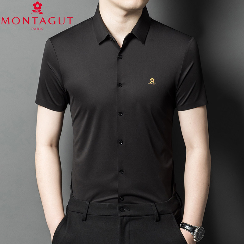 梦特娇新款纯棉短袖T恤衬衫男士免烫商务休闲高级感夏季免烫上衣