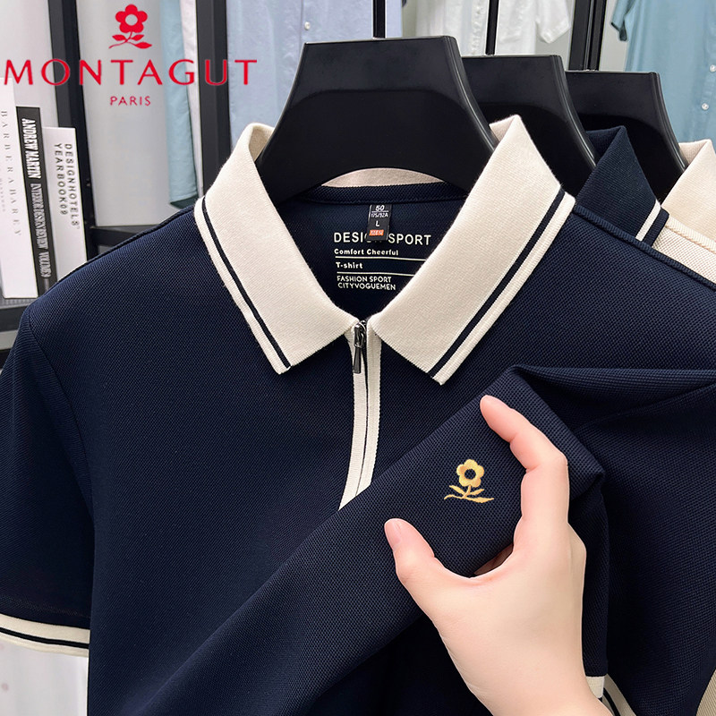 梦特娇夏季男士短袖T恤翻领半拉链商务休闲polo衫纯棉百搭上衣