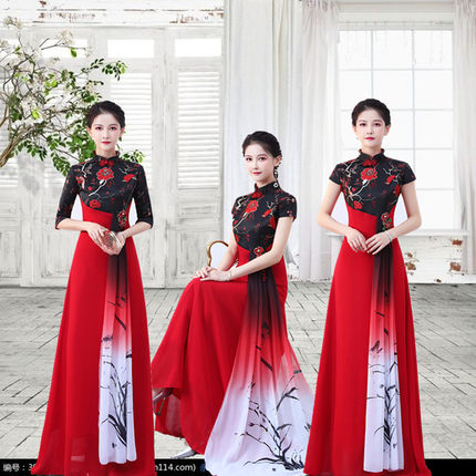 大合唱团演出服女长裙气质2024新款中国风舞台走秀旗袍晚礼服长款
