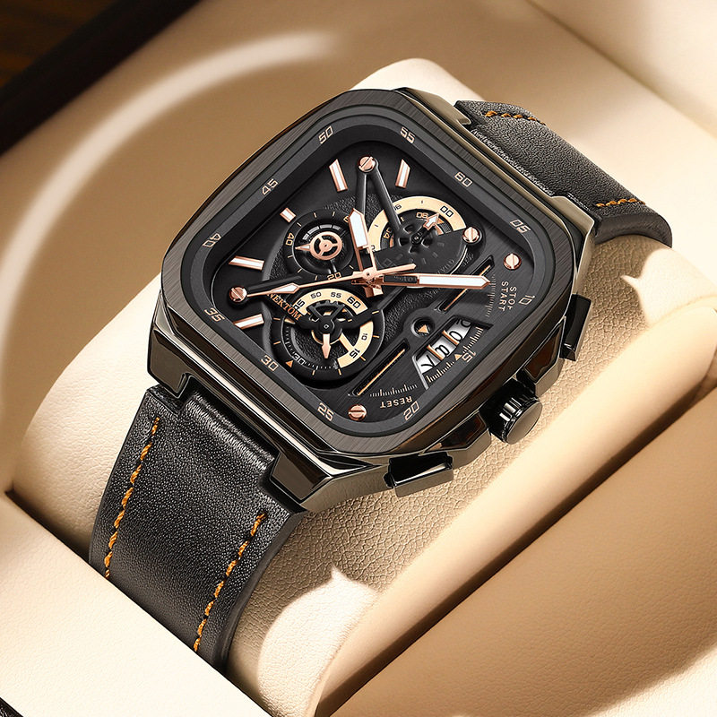 理查新款时尚潮流德商务风全自动石英手表日历百搭真皮腕表潮流