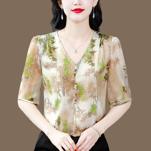 真丝衬衫女夏装半袖宽松遮肉显瘦妈妈洋气印花桑蚕丝小v领t恤上衣