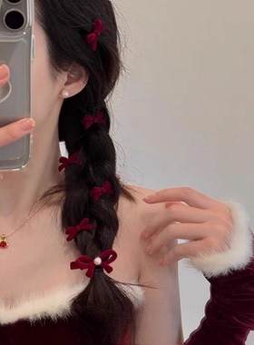圣诞新年红色丝绒蝴蝶结鸭嘴夹子高级感侧马尾编发夹刘海夹女秋冬