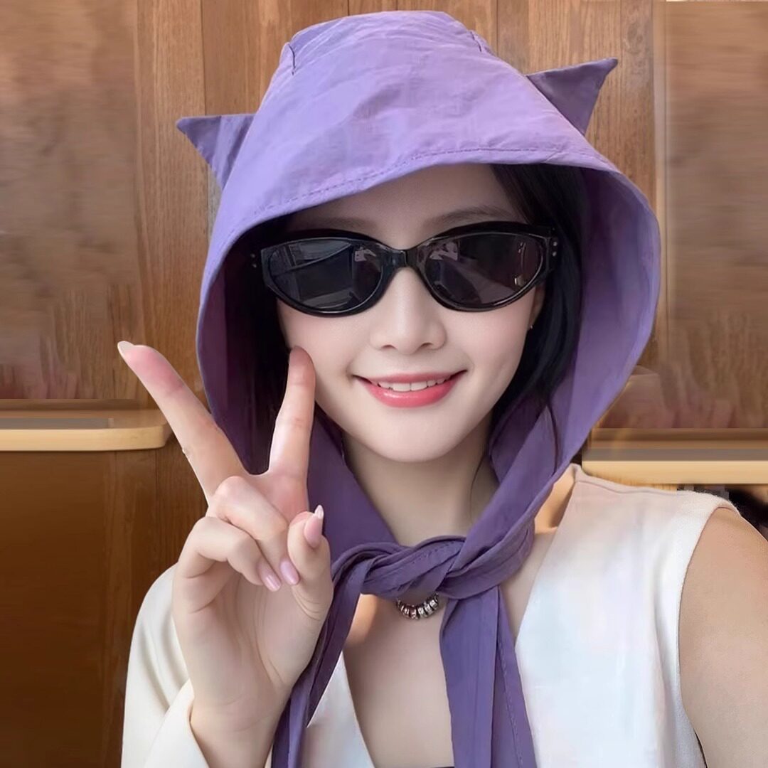 可爱小恶魔系带头巾帽女士2025新款遮阳透气速干包头绑带防晒帽子