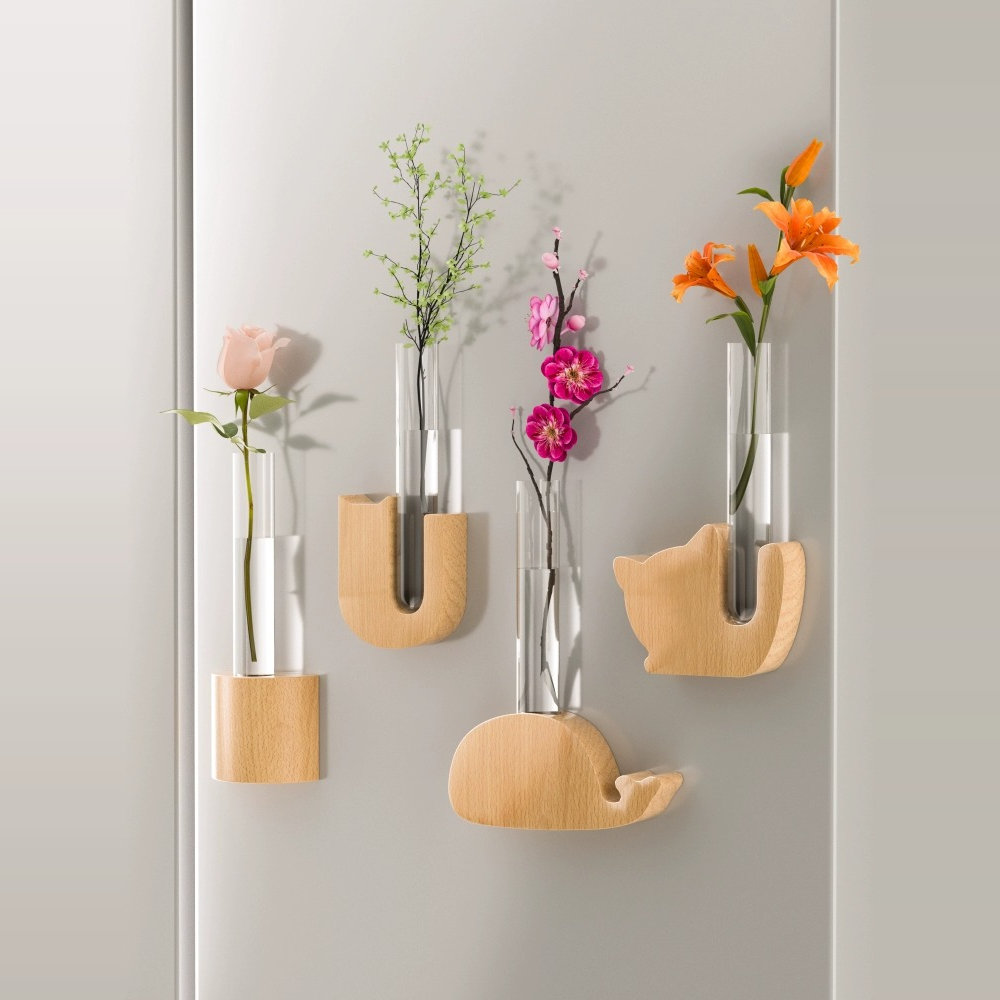 创意冰箱贴水培玻璃试管花瓶磁吸可插鲜花水培植物木质底容器装饰