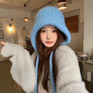 2025新款蓝色高级气质法帽女秋冬季保暖护耳帽显脸小防风包头帽子