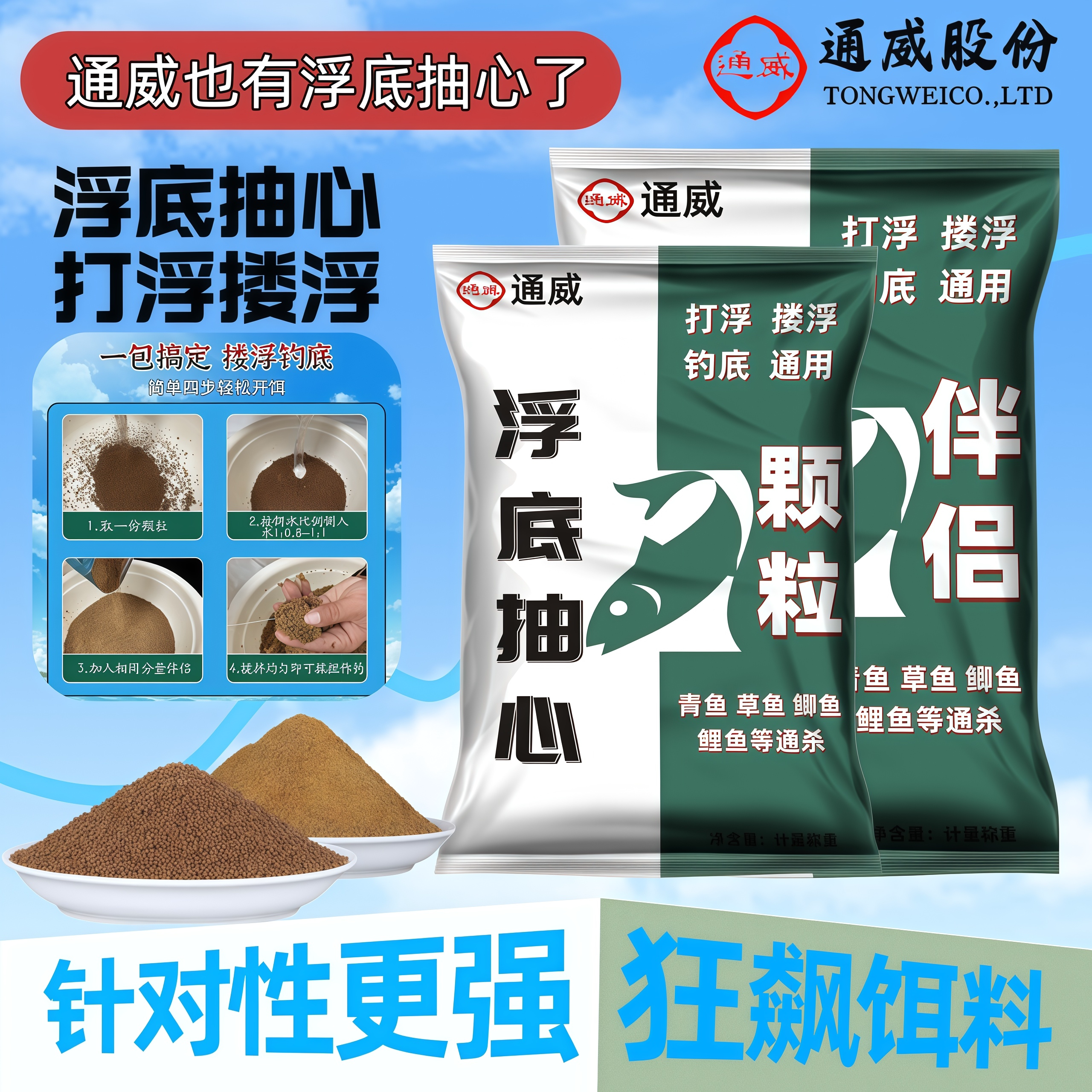 通威浮底抽心浮钓颗粒饵大混养图片